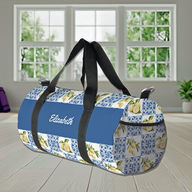 Blue Tile French Country Lemon Pattern Name Duffle Bag (Creator Uploaded)