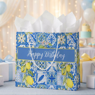 Blue Tile French Country Lemon Pattern Name Large Gift Bag