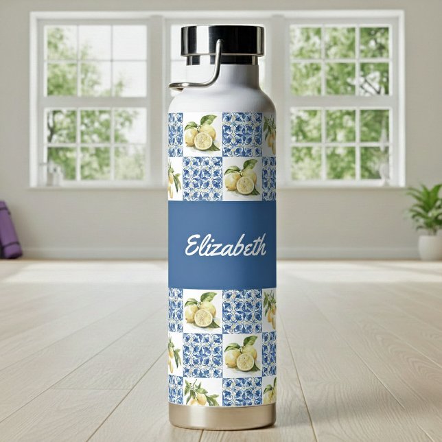 Blue Tile French Country Lemon Pattern Name Water Bottle (Creator Uploaded)