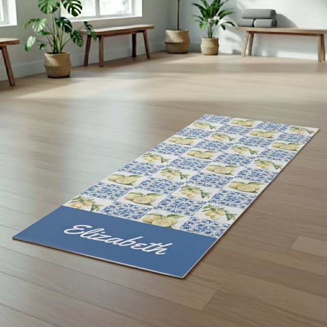 Blue Tile French Country Lemon Pattern Name Yoga Mat (Creator Uploaded)