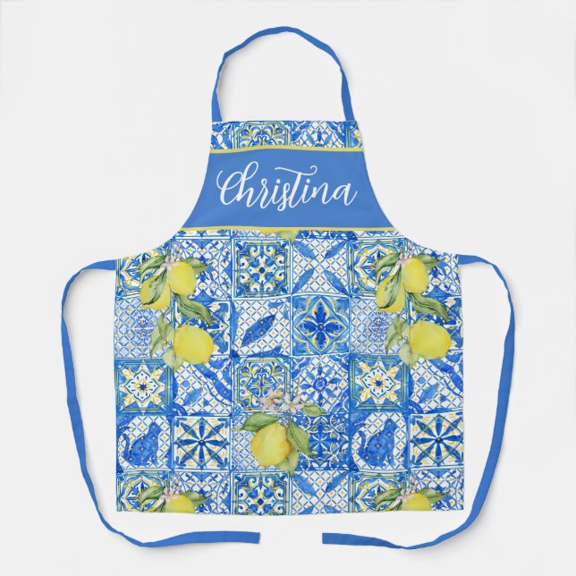 Blue Tile French Country Lemon Pattern Provencal Apron (Front)