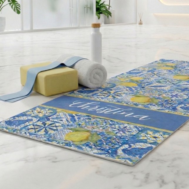 Blue Tile French Country Lemon Pattern Provencal Yoga Mat (Creator Uploaded)