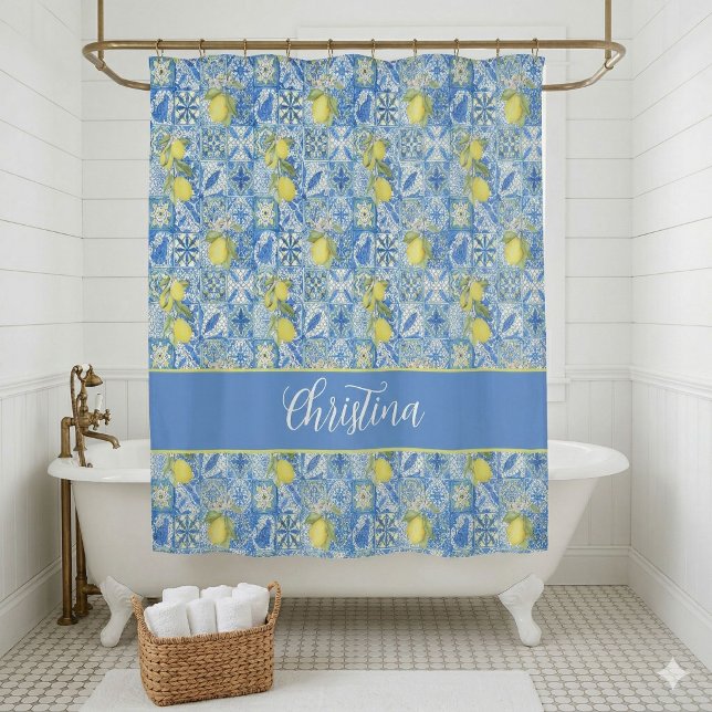 Blue Tile French Country Lemon Pattern Shower Curt Curtain (Creator Uploaded)