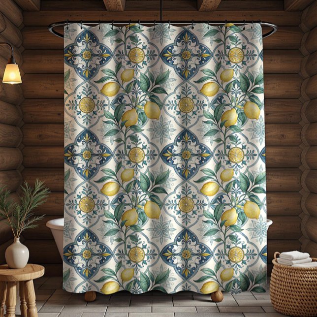 Blue Tile French Country Lemon Pattern Shower Curtain (Creator Uploaded)