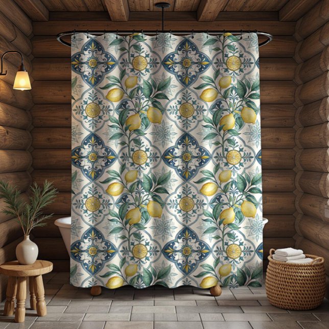 Blue Tile French Country Lemon Pattern Shower Curtain (Creator Uploaded)