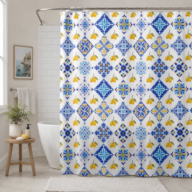 Blue Tile French Country Lemon Pattern  Shower Curtain (Creator Uploaded)