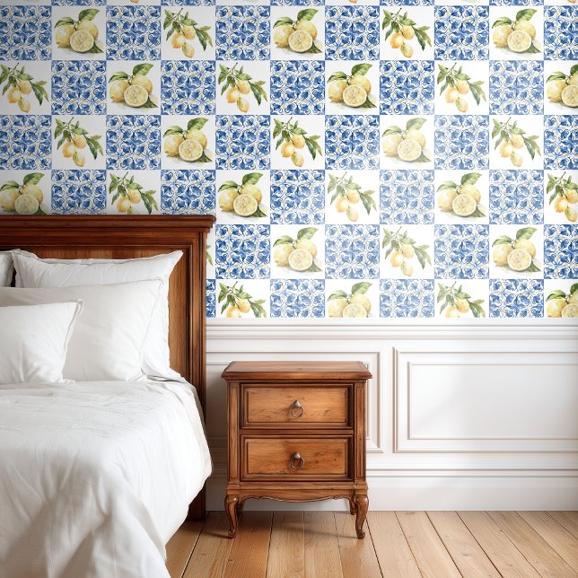 Blue Tile French Country Lemon Pattern Wallpaper (Creator Uploaded)