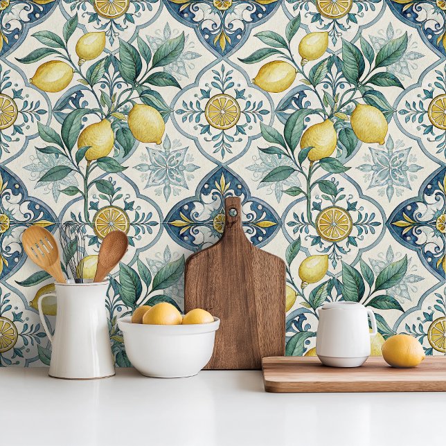 Blue Tile French Country Lemon Pattern Wallpaper (Creator Uploaded)