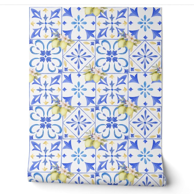 Blue Tile French Country Lemon Pattern Wallpaper (Unrolling)