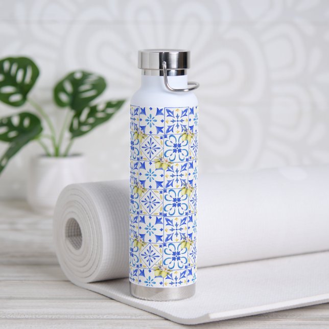 Blue Tile French Country Lemon Pattern Water Bottle (Yoga)