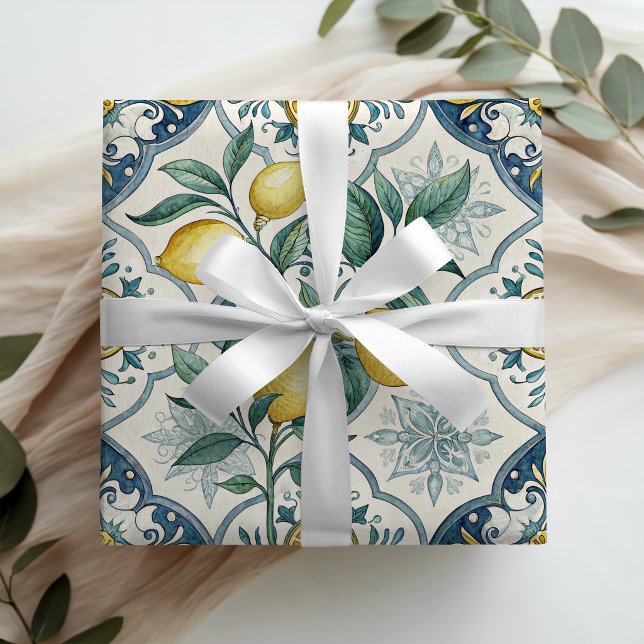 Blue Tile French Country Lemon Pattern Wrapping Paper (Creator Uploaded)