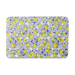 Blue Tile French Country Lemon Watercolor  Bath Mat