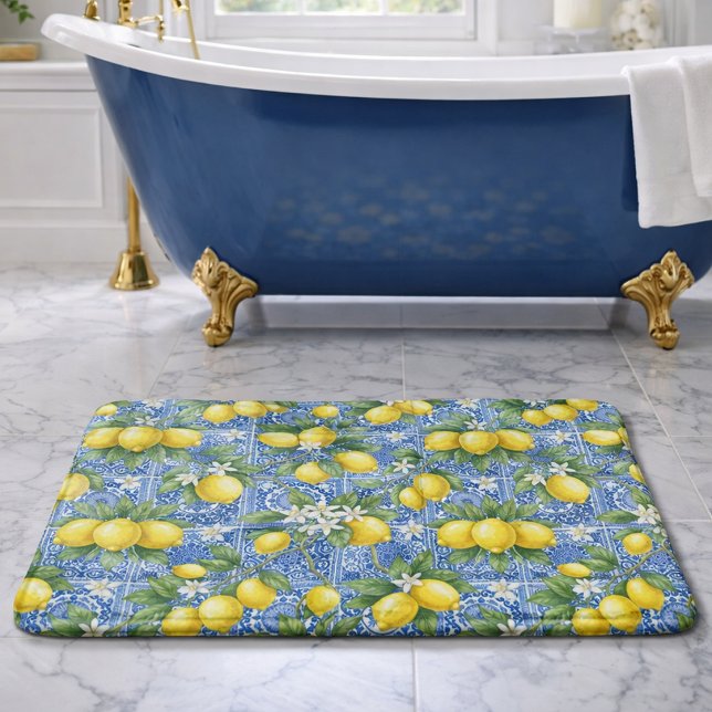 Blue Tile French Country Lemon Watercolor  Bath Mat (Creator Uploaded)