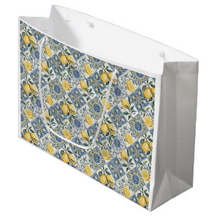 Blue Tile French Country Lemon Watercolor Large Gift Bag