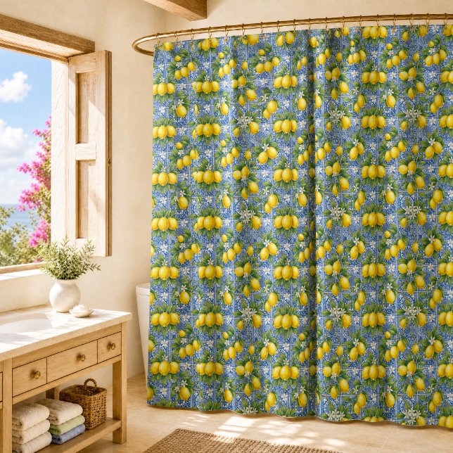 Blue Tile French Country Lemon Watercolor Pattern Shower Curtain (Creator Uploaded)