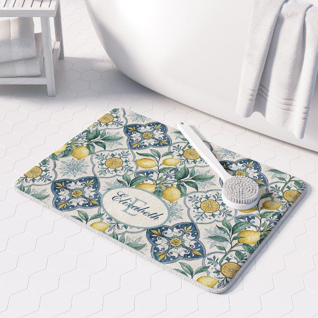 Blue Tile French Lemon Pattern Monogram Name Bath Mat (Creator Uploaded)