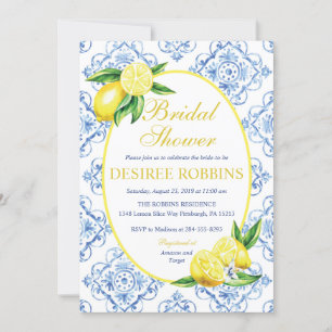 Blue Tile Italian Floral Lemon Bridal Shower Invitation