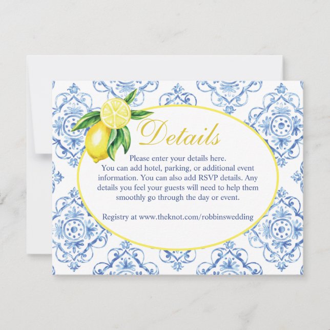 Blue Tile Italian Floral Lemon Details Card (Front)