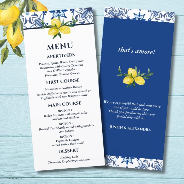 Blue Tile Italian Lemon Mediterranean Wedding Menu (Creator Uploaded)