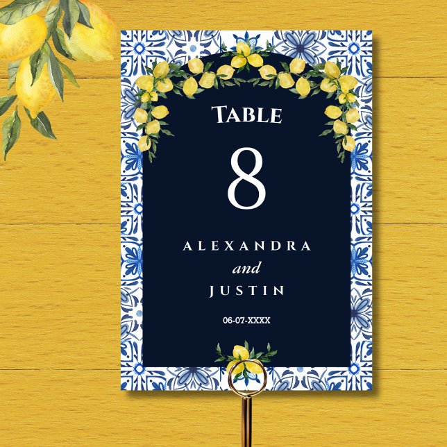Blue Tile Italian Lemon Mediterranean Wedding  Table Number (Creator Uploaded)