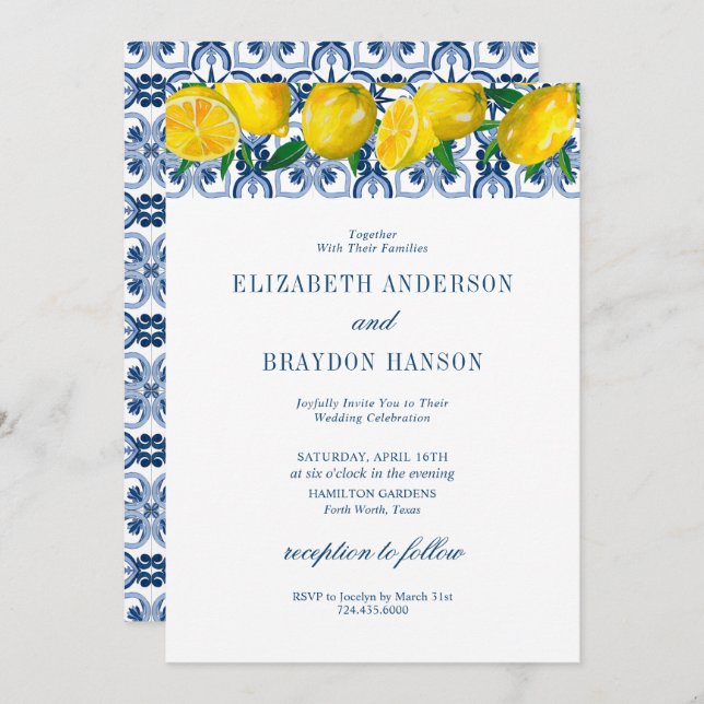 Blue Tile Italian Lemon Wedding Invitation (Front/Back)