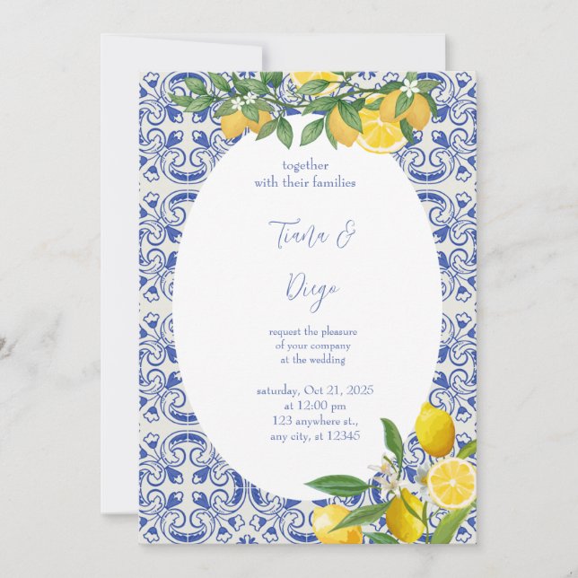 Blue Tile Italian Lemon Wedding Invitation (Front)