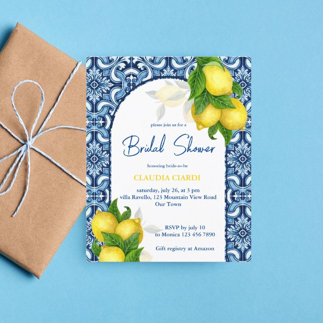 Blue tile lemon Amalfi budget bridal shower invite (Creator Uploaded)