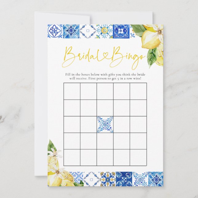 Blue Tile Lemon Bridal Shower Bingo Game Cards (Front)
