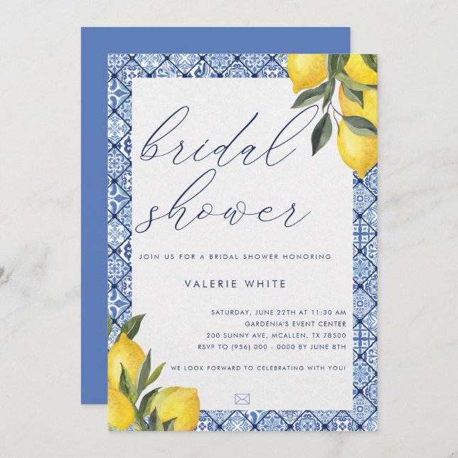 Blue Tile Lemon Bridal Shower Invitation (Front/Back)
