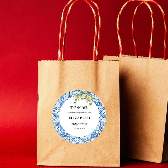 Blue tile Lemon Bridal shower Thank You Classic Round Sticker (Creator Uploaded)