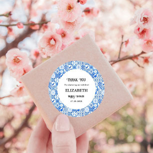 Blue tile Lemon Bridal shower Thank You Classic Round Sticker