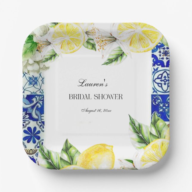 Blue Tile Lemon Italian Bridal Shower  Paper Plate (Front)