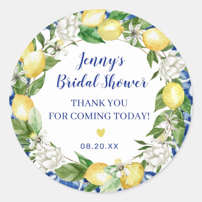 Blue Tile Lemon Italian Bridal Shower Stickers (Front)