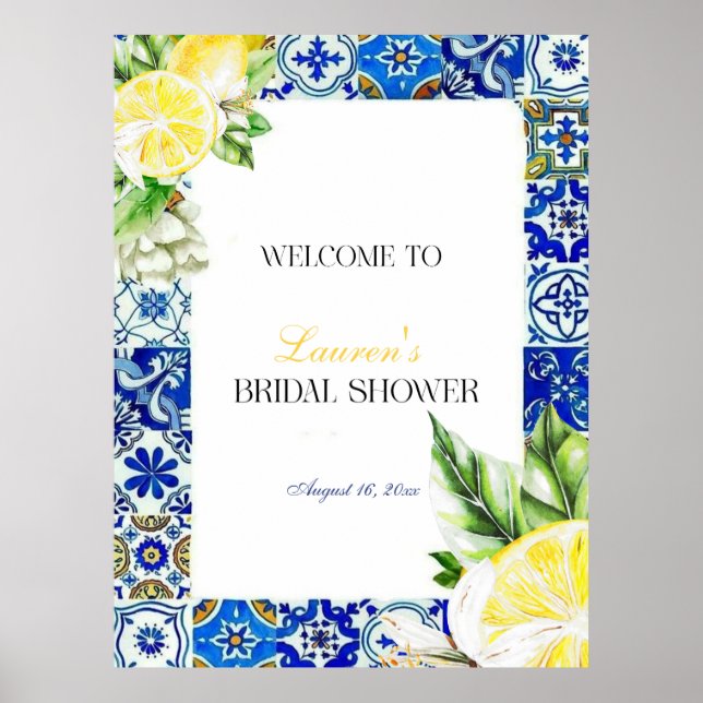 Blue Tile Lemon Italian Bridal Shower welcome Poster (Front)