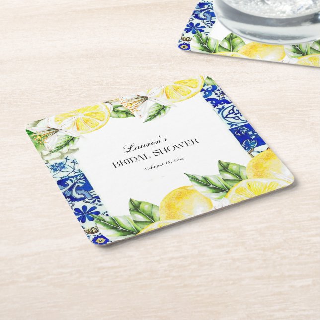 Blue Tile Lemon Italian Bridal Shower welcome Square Paper Coaster (Angled)