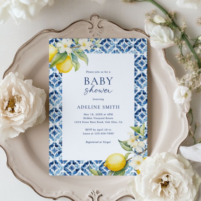 Blue Tile Lemon Italian Summer Baby Shower Invitation (Creator Uploaded)