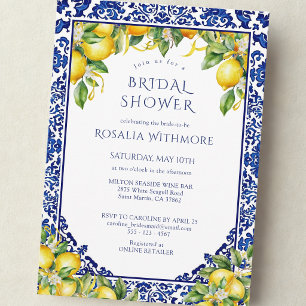 Blue Tile Lemon Mediterranean Bridal Shower Invitation