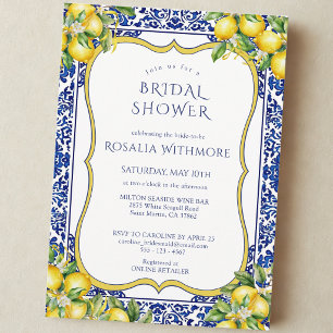 Blue Tile Lemon Mediterranean Bridal Shower Invitation