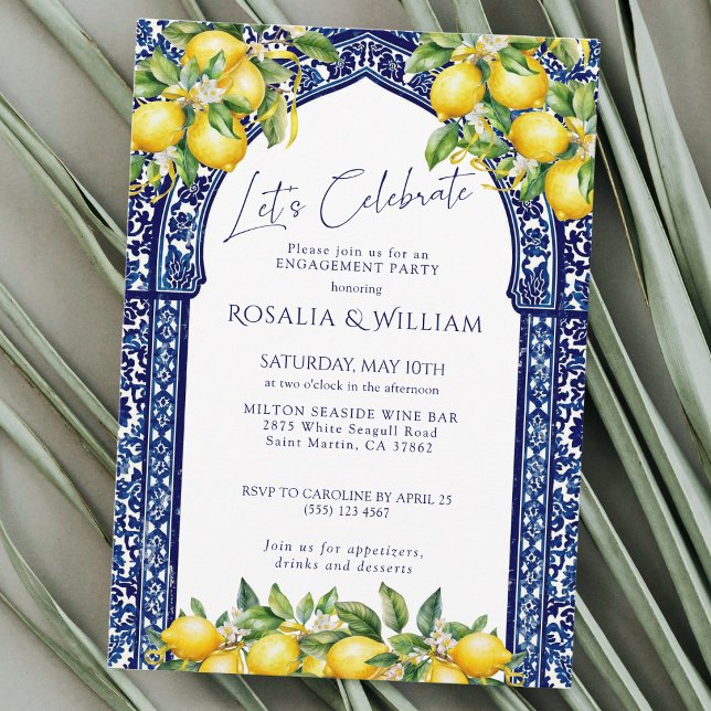 Blue Tile Lemon Mediterranean Engagement Party Invitation (Creator Uploaded)
