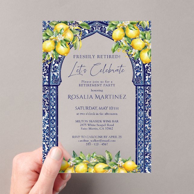 Blue Tile Lemon Mediterranean Retirement Party Acrylic Invitations (Insitu (Handheld))