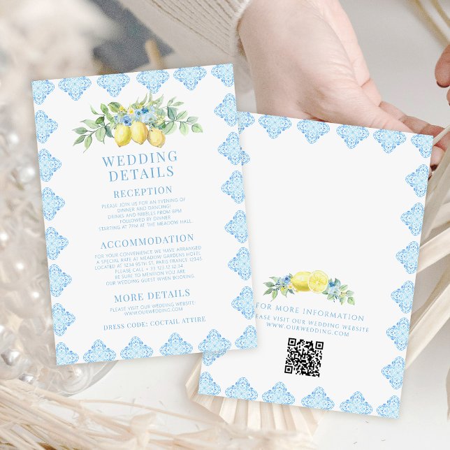 Blue Tile Lemon Mediterranean Wedding Details Enclosure Card (Creator Uploaded)