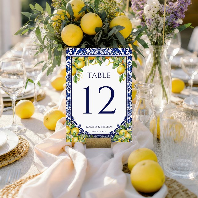 Blue Tile Lemon Mediterranean Wedding Table Number (Creator Uploaded)