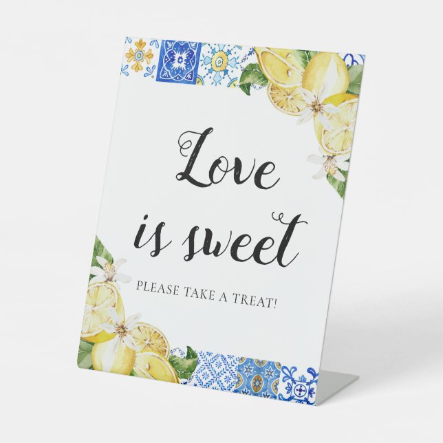 Blue Tile Lemons Love is Sweet Treat Favour Sign (Front)