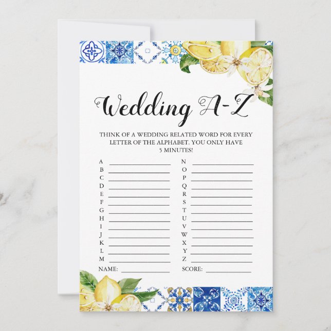 Blue Tile Lemons Wedding A-Z Bridal Shower Game Invitation (Front)