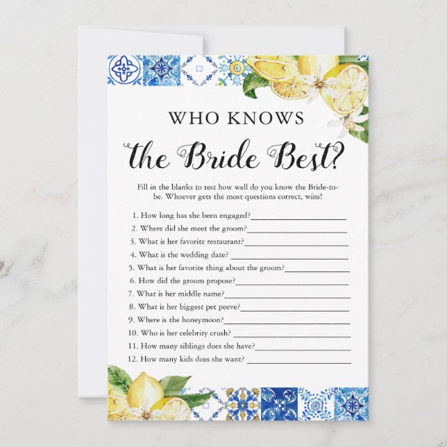 Blue Tile Lemons Who Knows The Bride Best Game Invitation (Front)