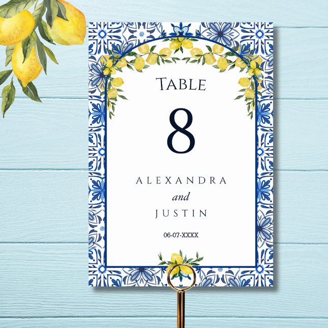 Blue Tile Mediterranean Lemon Italian Wedding   Table Number (Creator Uploaded)
