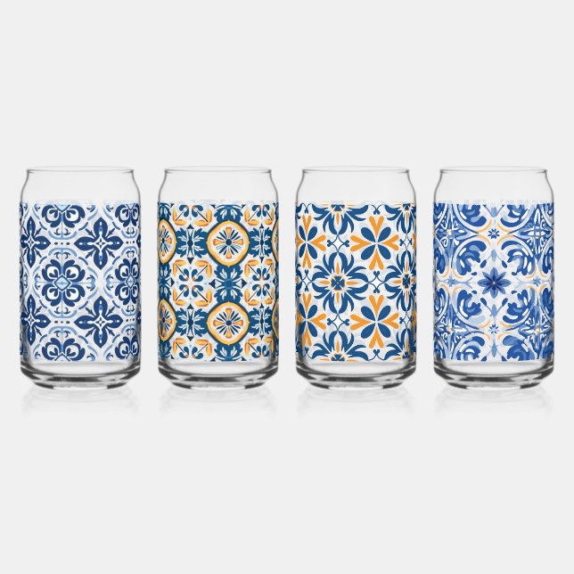 Blue tile Mediterranean picnic beer can glass (Front)