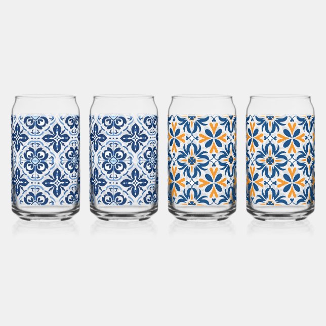 Blue tile Mediterranean picnic beer can glass (Front)