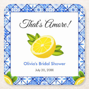 Blue Tile Mediterranean That's Amore Bridal Shower Square Paper Coaster