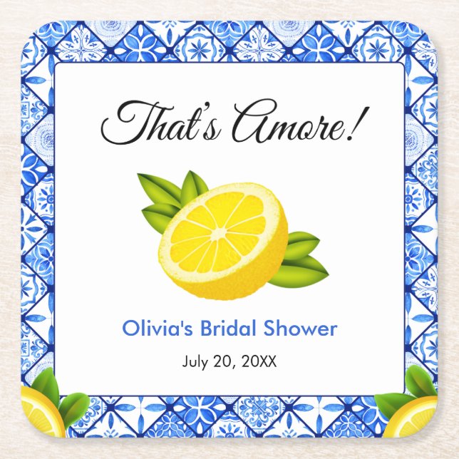 Blue Tile Mediterranean That's Amore Bridal Shower Square Paper Coaster (Front)